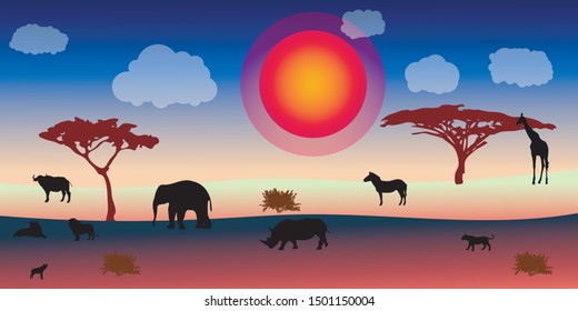 African savanna landscape. Wild animals in National park. Safari travel concept.