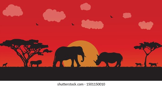 African savanna landscape. Wild animals in National park. Safari travel concept.