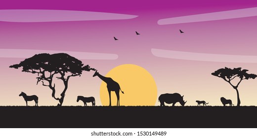 African savanna landscape. Wild animals in National park. Safari travel concept.