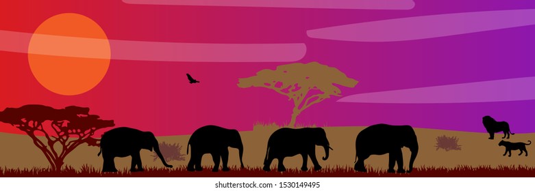 African savanna landscape. Wild animals in National park. Safari travel concept.