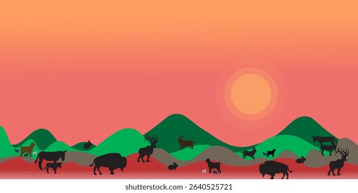 African savanna landscape. Wild animals in National park. Safari travel concept