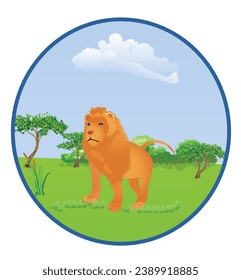 African savanna lion walking on the fields of Africa. Vector illustration for logo and icon design elements isolated on white.