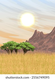 African savanna. Mountain range, dry grass and high summer sky. Realistic vector vertical landscape