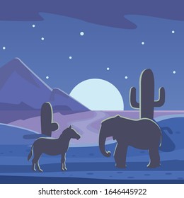 African savanna night landscape with silhouette of animals, vector poster. Elephants and zebra with cactuses, mountain and moon illustration. Dark blue banner of Africa savanna with animals.