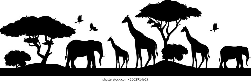 African savanna safari with animals seamless border. Black silhouette illustration on white background. Wild nature landscape. Horizontal banner with elephant, giraffe. Not merged, separate elements.