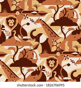 African savanna seamless pattern with lion, birds, rhino, suricate or meerkat, giraffe, elephant, leaves,  flowers. Perfect for camouflage fabric, textile, wallpaper. Animal design geometric pattern