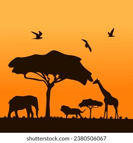 African savanna silhouette and animals silhouette 