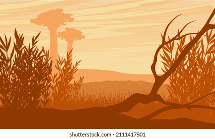 African savanna silhouette with tree branch, tall shrub and baobabs. Abstract vector landscape