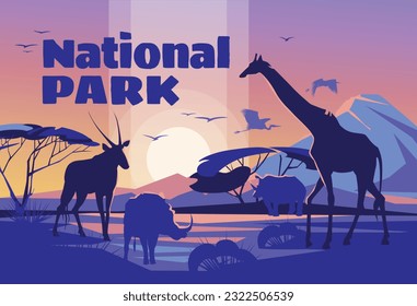 African savanna sunrise landscape with wild animal silhouettes. National Wildlife Park. Tourism and adventure. Vector illustration