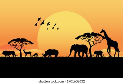 African savanna at sunset. Silhouettes of animals and plants. Realistic vector landscape. The nature of Africa. Reserves and national parks.