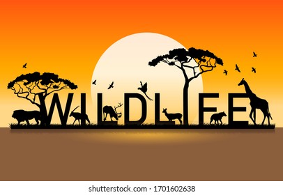 Afrikanische Savanne bei Sonnenuntergang. Silhouetten von Tieren und Pflanzen. Realistische Vektorillustration. Das Wesen Afrikas. Reserven und Nationalparks.