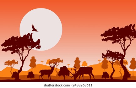 African savanna at sunset. Silhouettes of animals and plants. Realistic vector landscape. The nature of Africa. Reserves and national parks.