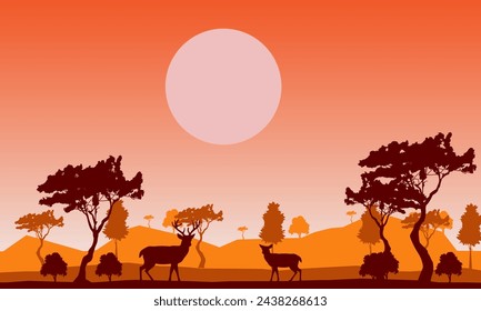 African savanna at sunset. Silhouettes of animals and plants. Realistic vector landscape. The nature of Africa. Reserves and national parks.