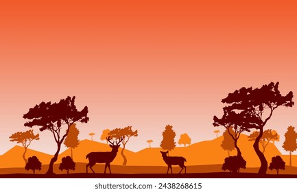 African savanna at sunset. Silhouettes of animals and plants. Realistic vector landscape. The nature of Africa. Reserves and national parks.