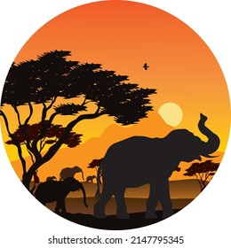 African savanna themed wall decoration, with trees and animals, sunset with orange sky