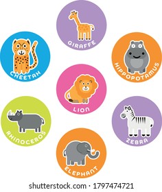 African savanna wild animals collection. Set of 7 cartoon characters in the circle with name labels. Vector illustration.