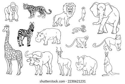 African savanna wild animals sketch set.Vector graphics.