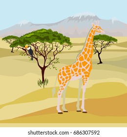 African savanna-day landscape. Vector illustration.