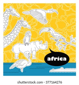 African savannah animals and birds set. Vector in flat savannah animals and birds made in flat lineal style. Easy recolor. Savanna animals and birds isolated on giraffe texture background.. 