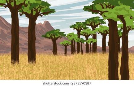 African savannah. Baobab grove at the foot of the mountain. Wildlife of Africa. Realistic vector landscape