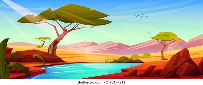 African savannah cartoon landscape with green acacia trees and water in lake, stones on shore and sand field, rocky mountains and blue sky. Cartoon vector illustration of africa safari desert scenery.