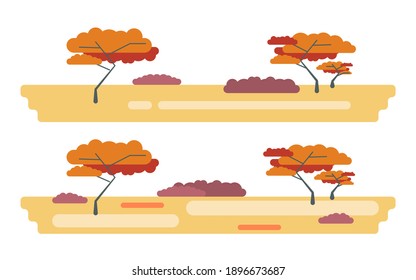 African savannah. Colorful landscape. Wildlife with trees, bushes and sand. Vector illustration in a flat style. EPS10