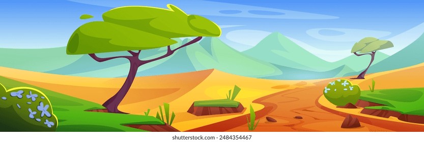 African savannah desert landscape with road and sand, mountains and stones, trees and bushes. Cartoon vector illustration of summer hot drought Africa scenery with acacia woods and greenery.