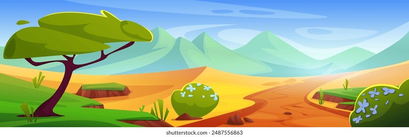 African savannah desert landscape with road and sand, mountains and stones, trees and bushes. Cartoon vector illustration of summer hot drought Africa scenery with acacia woods and greenery.