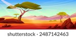 African savannah desert landscape with sand surface and stones, acacia green trees and rock mountains, blue sky on sunny summer day. Cartoon vector illustration of dry wilderness plain scenery.