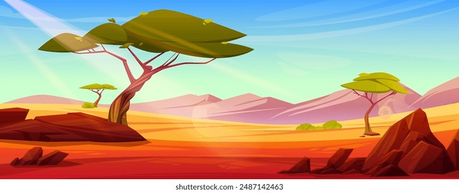 Paisaje del desierto de la sabana africana con superficie de arena y piedras, árboles verdes de acacia y montañas de roca, cielo azul en el día soleado del verano. Ilustración vectorial de dibujos animados de paisajes secos y salvajes.