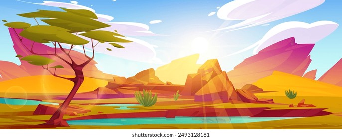 Afrikanische Savannenwüste mit Sandoberfläche, Felsbergen, blauem Wasser im See oder Fluss, grünem Akazienbaum und sonnigem Himmel mit weißen Wolken. Cartoon Vektorillustration der Oase in der Savanne Landschaft.