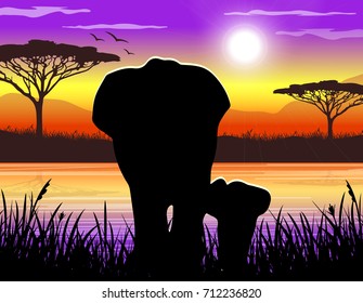 African savannah. Elephant silhouettes on the banks of the river at sunset. Wild Africa poster. Vector illustration of Africa landscape with wildlife and sunset background. Safari theme