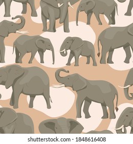 African savannah elephants seamless pattern. Animals of Africa and India. African bush elephant Loxodonta africana or African savanna elephant. Vector background