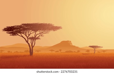 African Savannah at the Evening. African Nature, Meadow, Grassland. Vector illustration isolated, eps 