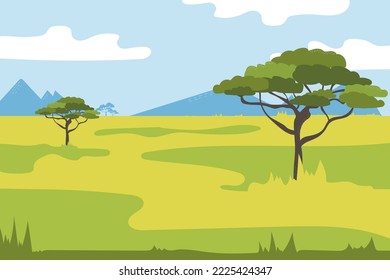 Sabana africana. Grasa, árboles de acacia. El paisaje vectorial. La naturaleza de África. Reservas y parques nacionales.