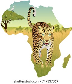 African savannah with heron and leopard - vector illustration