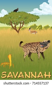 African savannah with hyenna, cobra and gazelle - vector illustration