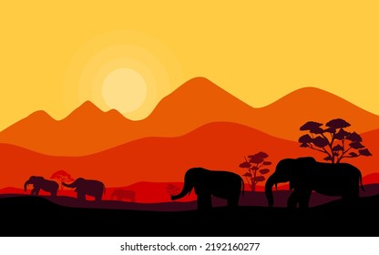 African Savannah illustration at sunset. Trees, grass, sky, sun and elephants
