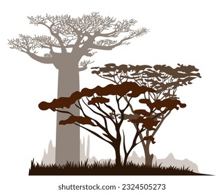 African savannah landscape with acacia and baobab tree silhouettes. Vector illustration.