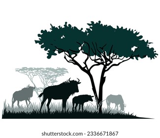 African savannah landscape with antelope wildebeest silhouettes. Vector illustration.	
