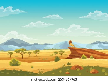 Die afrikanische Savanne. Schöne Naturlandschaft mit Cartoon Tiercharakter. Afrikanisches Safari-Banner-Konzept. Tropischer Tourismus, exotisches Freizeitplakat. Wildnis Savanne Flat Vektor