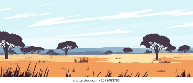 African savannah landscape. Beautiful African savannah with trees and bushes. A day in Africa. Savannah and safari. Travel and safari.