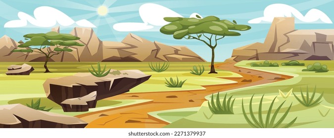 El paisaje de la sabana africana. Panorama colorido con rocas, árboles verdes y praderas verdes. Naturaleza silvestre, medio ambiente o reserva en África. Clima seco y caliente de Kenia. Dibujo vectorial plano de dibujos animados