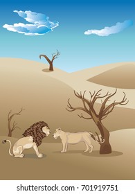 African savannah landscape with couple of lions.