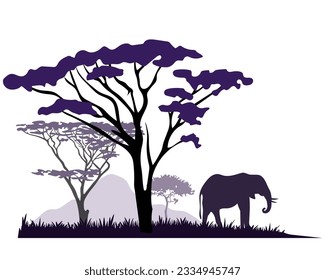 African savannah landscape with elephant silhouette. Vector illustration.	
