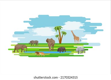 African savannah landscape, elephants, giraffen, rhinos ans lions walks in the ground, vector