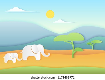 African savannah landscape with Elephants, mountains and trees. Trendy paper cuted style vector illustration.