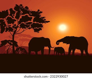 African savannah landscape with elephants silhouettes, sunset, sunrise, red background. Vector illustration.