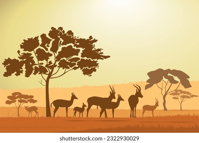 African savannah landscape with gazelles, antelopes silhouettes, midday sun, yellow background. Vector illustration.