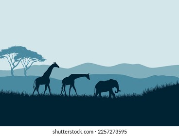 Paisaje de la sabana africana con siluetas de jirafa y elefantes ilustraciones de fondo vectorial